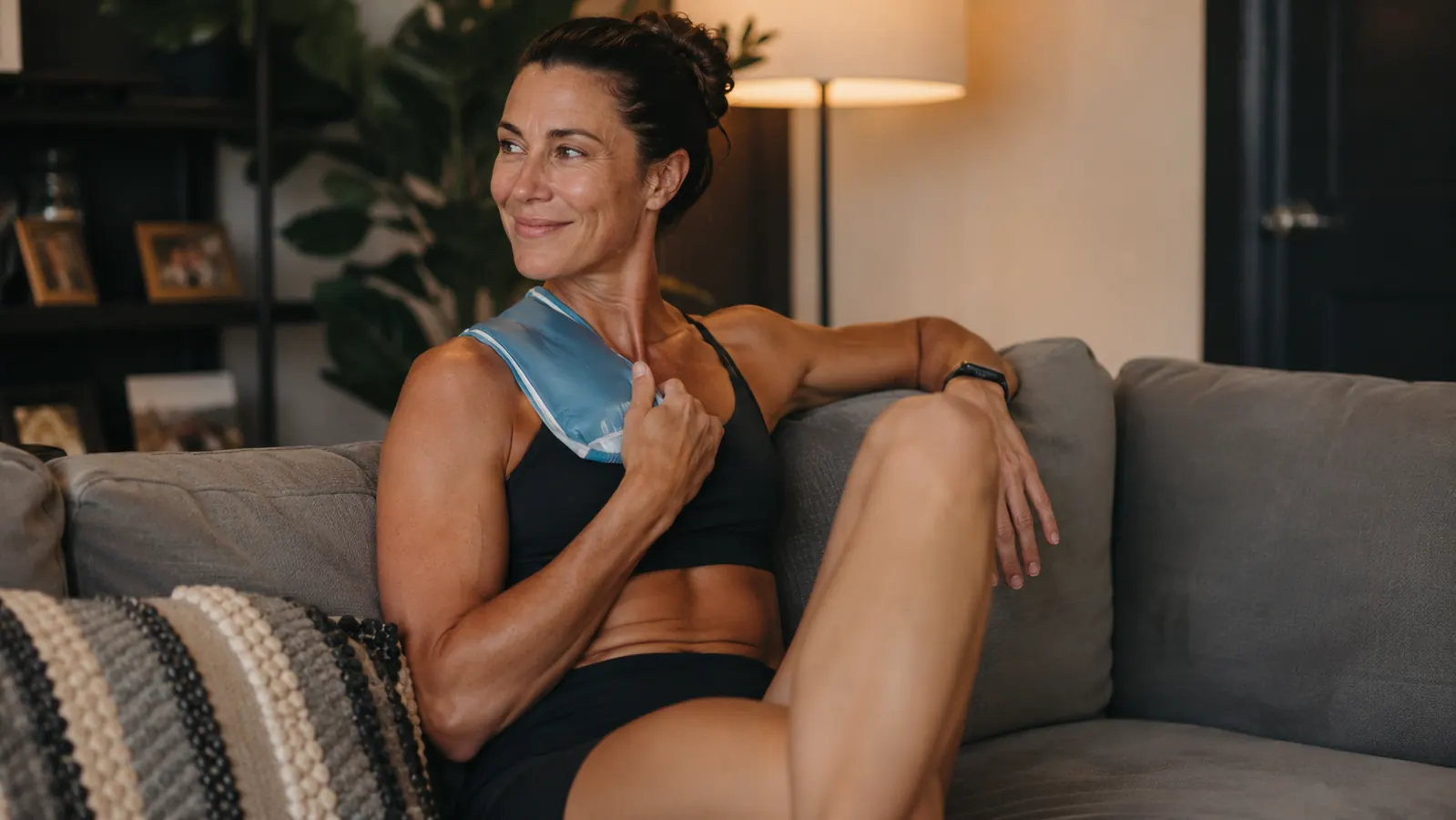 Person in athletic clothes icing their shoulder after a workout, sitting on a couch at home looking relaxed and comfortable