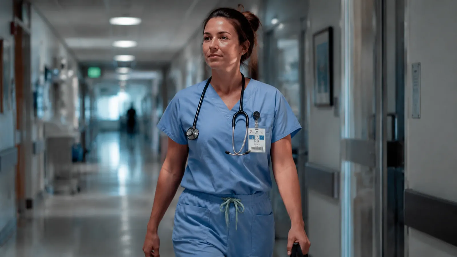 Nurse in scrubs walking down a hospital corridor, looking energized and upright at the end of a long shift