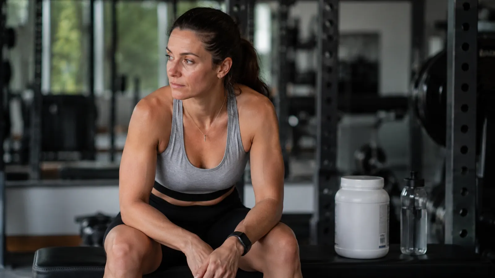 Woman in workout clothes sitting on a gym bench resting after a training session, water bottle and supplement tub on the bench beside her