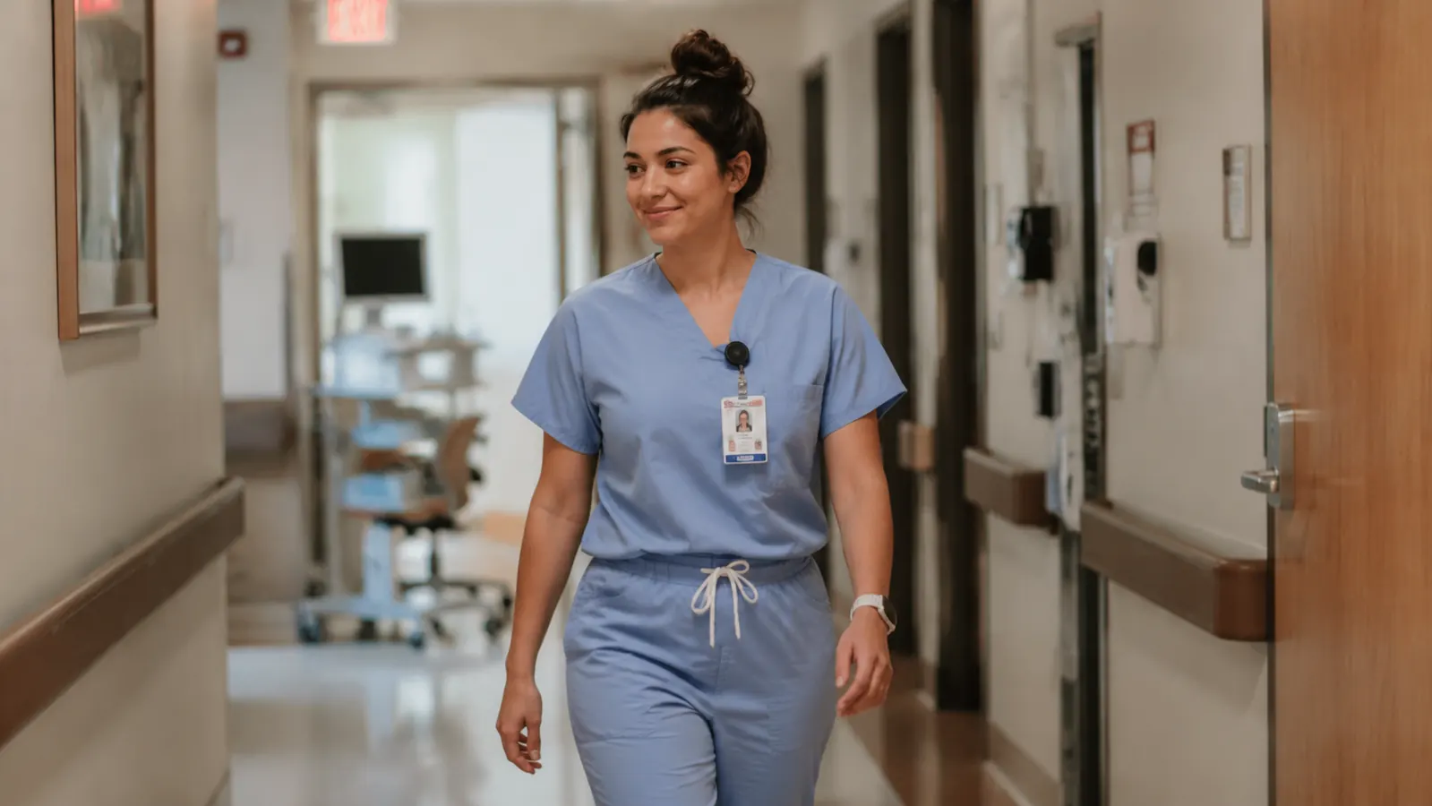 Nurse in scrubs walking comfortably in recovery slides after a long shift