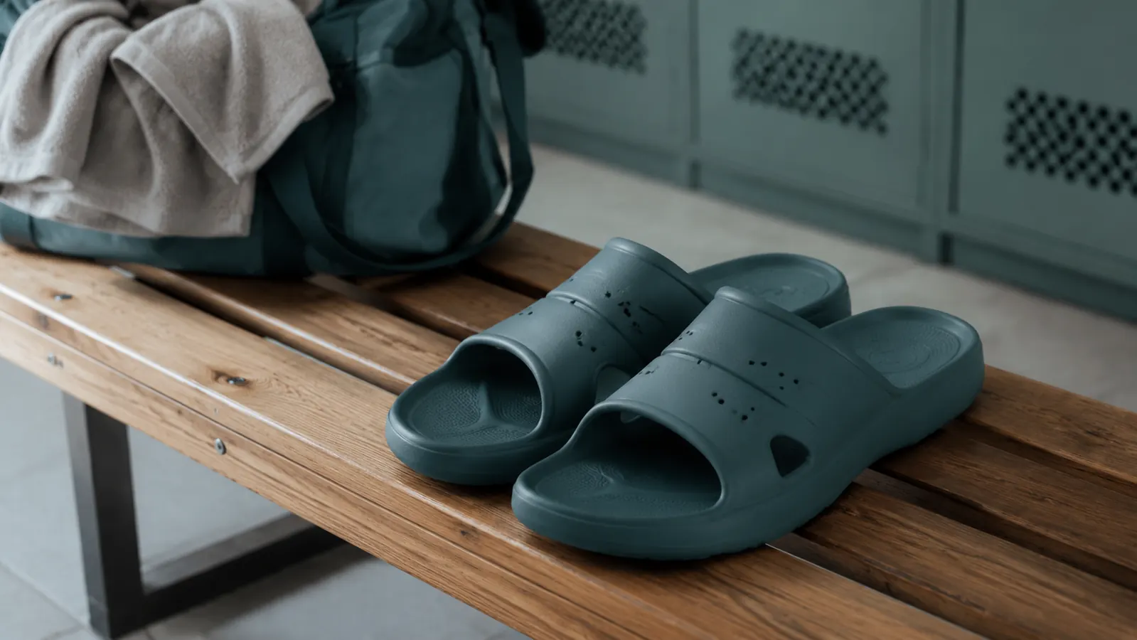 A pair of recovery slides resting beside a gym bag on a locker room bench after a workout