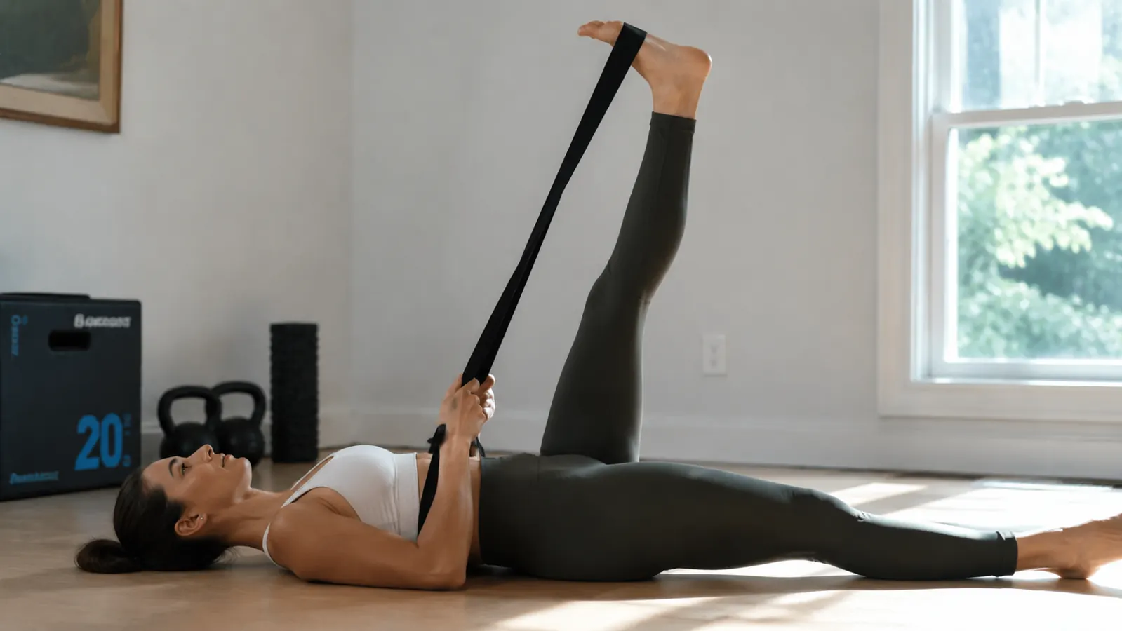Woman lying on a yoga mat using a stretch strap looped around her foot to extend her hamstring stretch after a workout