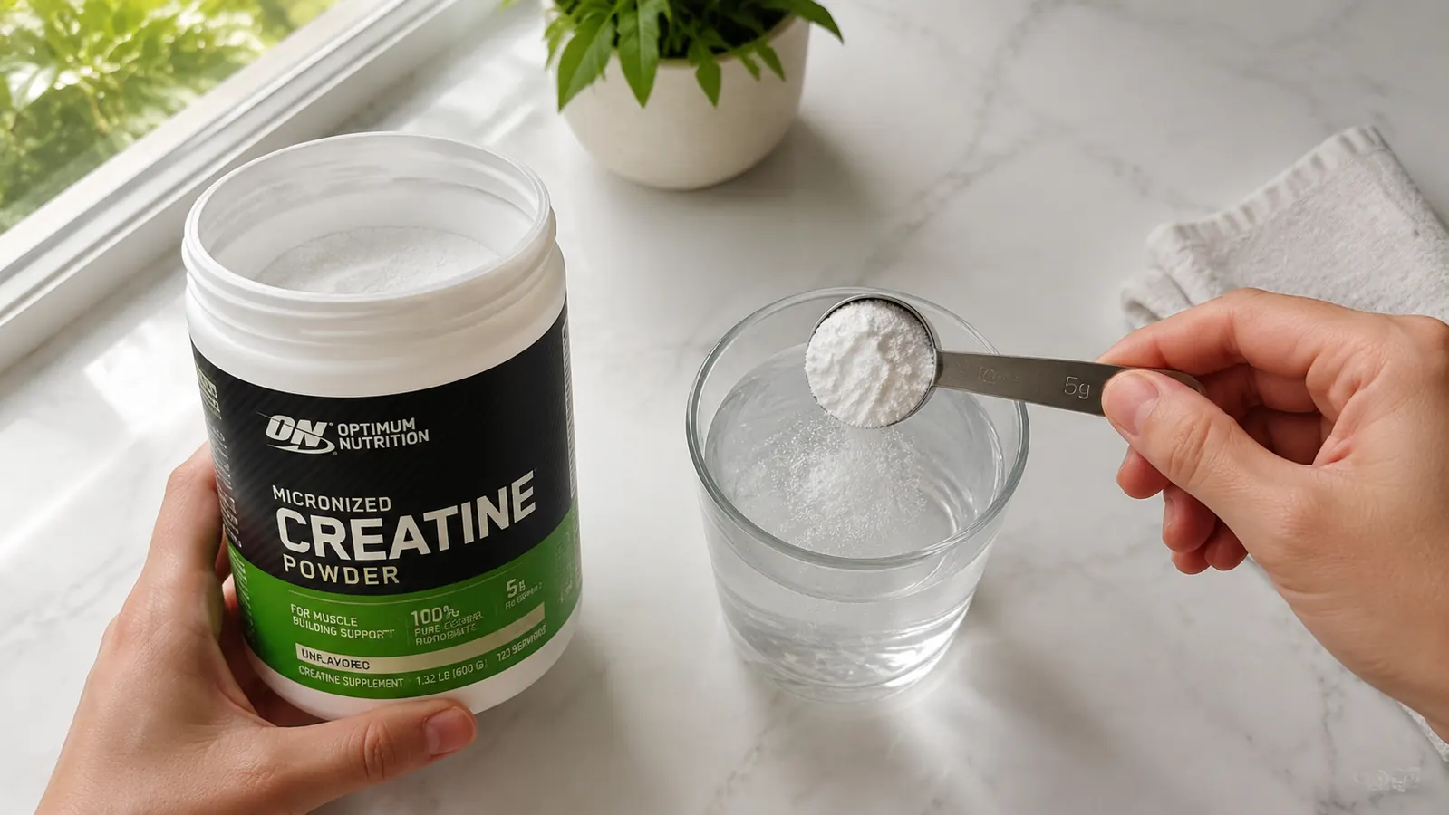 Close-up of a measuring scoop of white creatine powder being stirred into a clear glass of water on a kitchen counter