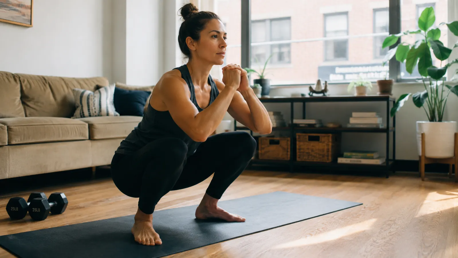 Woman in workout clothes doing a bodyweight squat in a small living room, looking focused and energized rather than exhausted