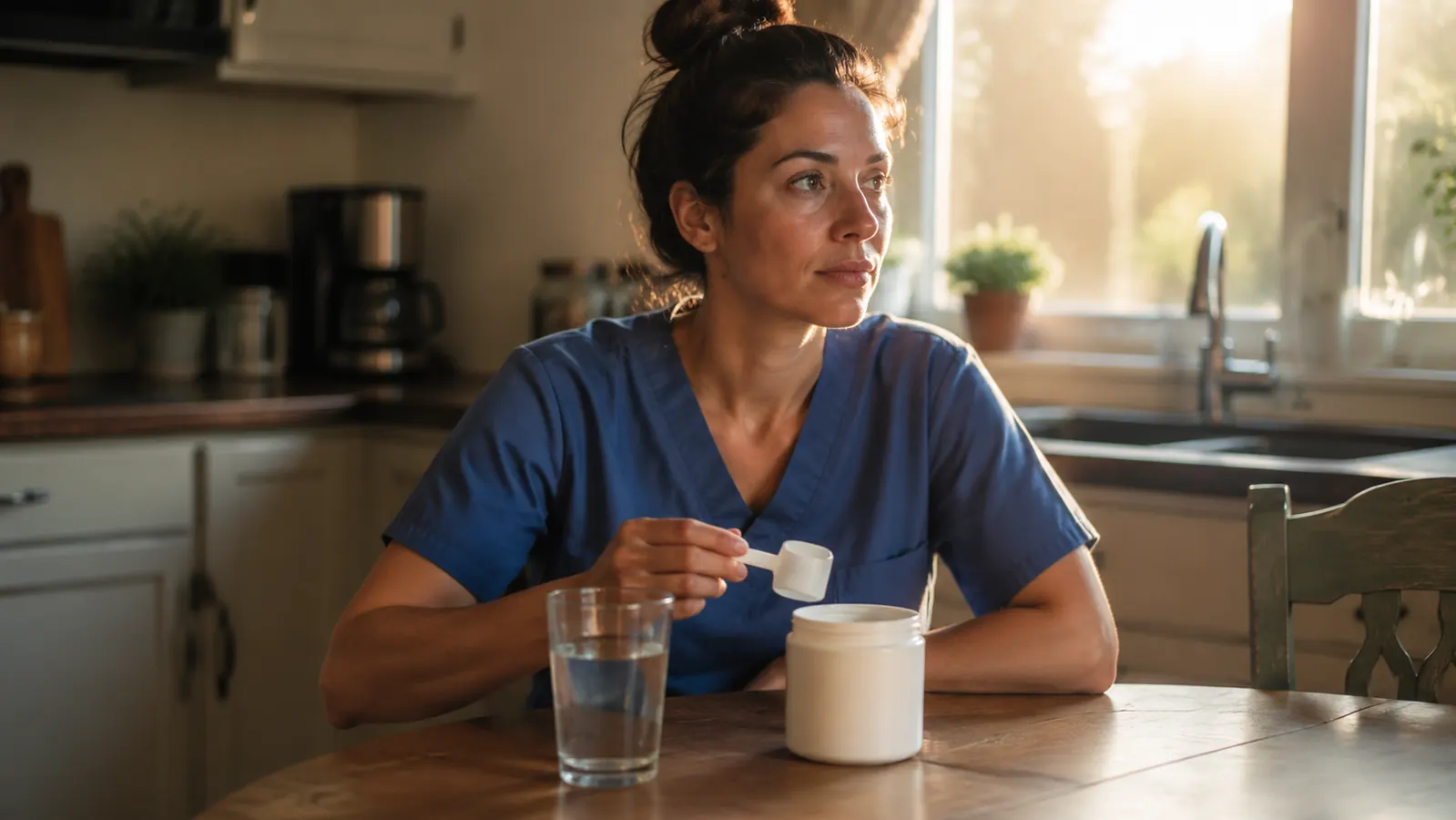 A woman in scrubs sitting at a kitchen table in early morning light, holding a glass of water next to a small tub of creatine powder, resting before a workout