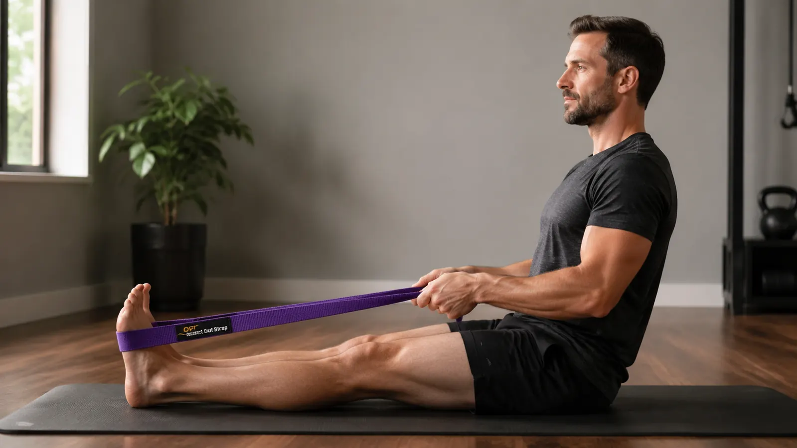 Person lying on their back using a stretching strap to hold a hip flexor stretch after a workout