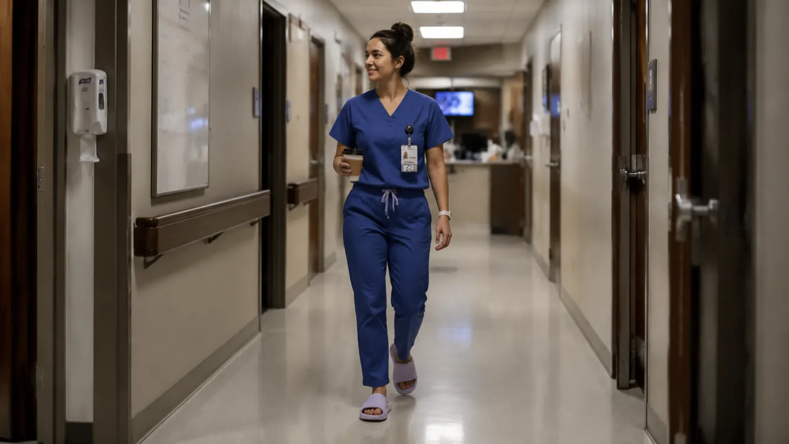Nurse in scrubs walking a hospital hallway in cushioned recovery slides during a break between shifts