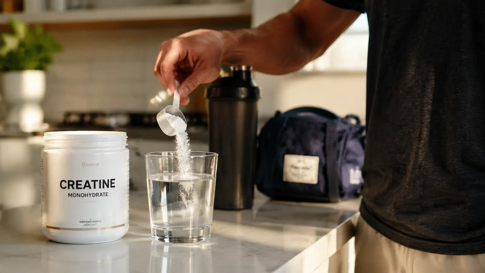 A hand scooping white creatine powder into a glass of water on a kitchen counter next to a shaker bottle and a workout bag