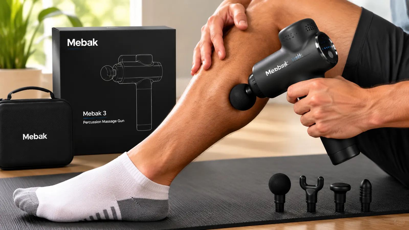 Close-up of a Mebak 3 percussion massage gun being held against a person's calf muscle with a round attachment head