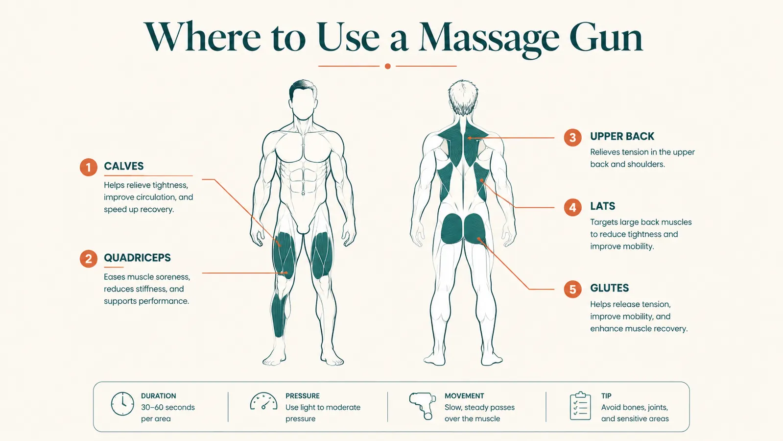 Diagram showing five safe massage gun target zones on a human body outline including calves, quads, glutes, upper back, and lats