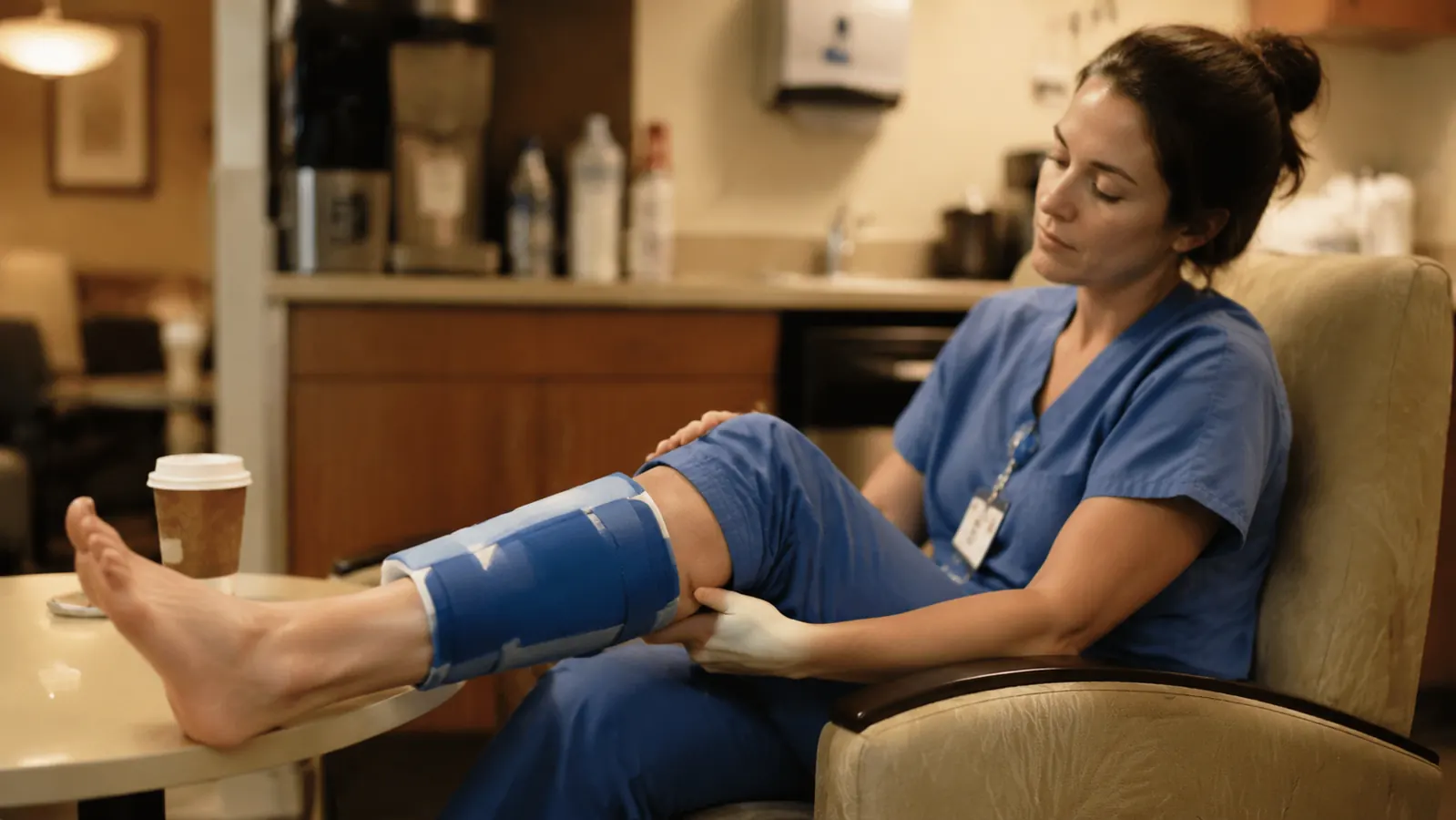 Nurse in scrubs sitting in a break room with a cold pack wrap on her lower leg, resting between shifts