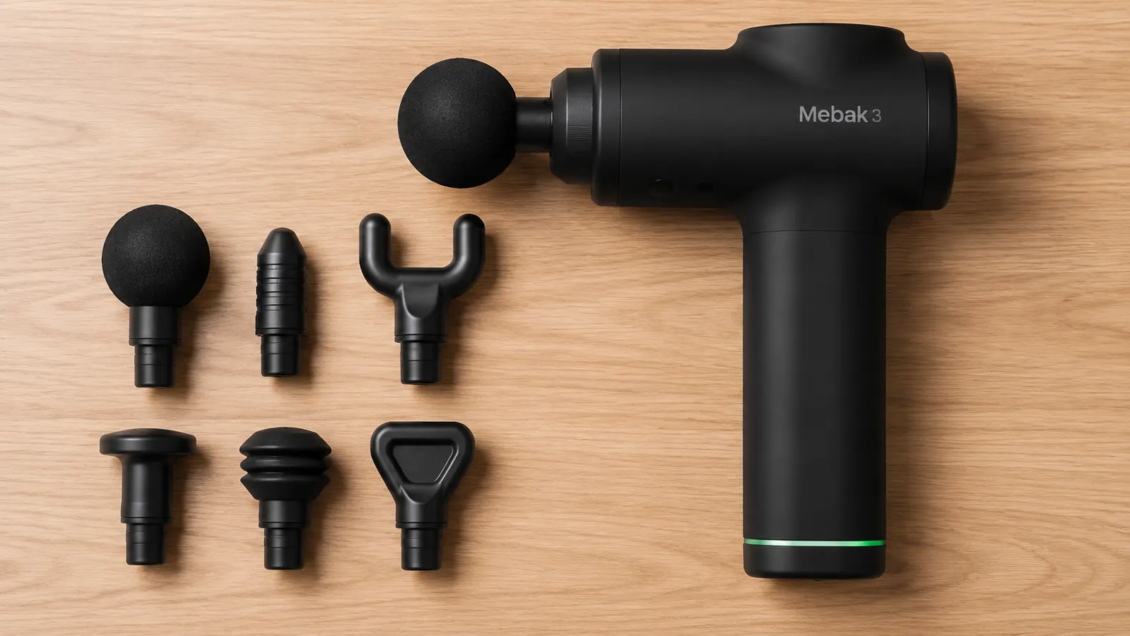 Mebak 3 massage gun six attachment heads laid out on a white surface next to the gun