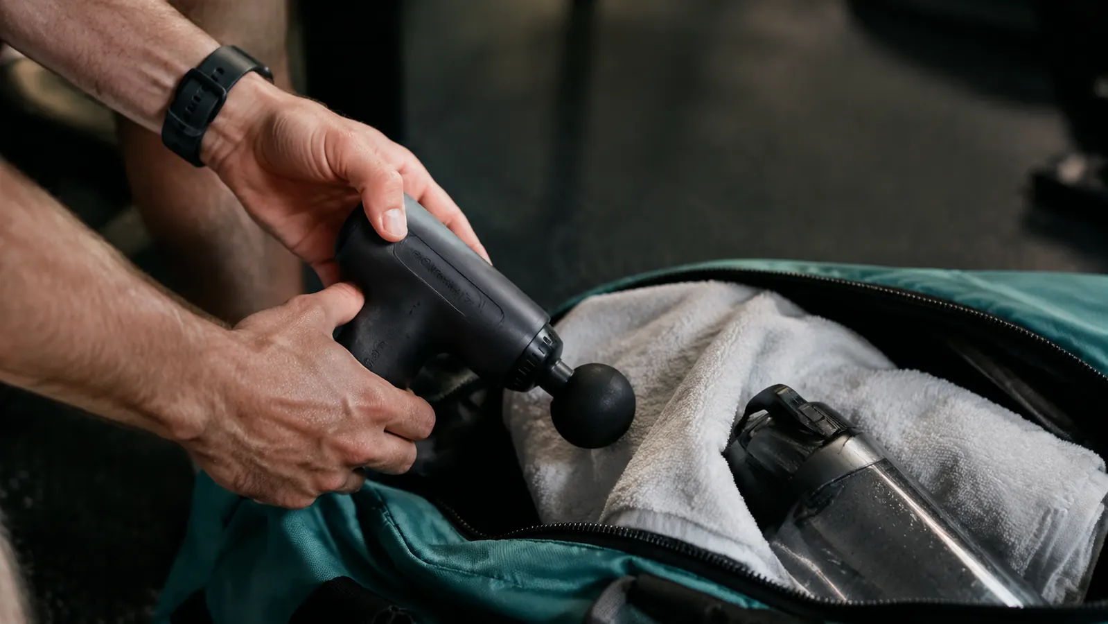 Person holding a black percussion massage gun over a gym bag with workout gear visible in the background