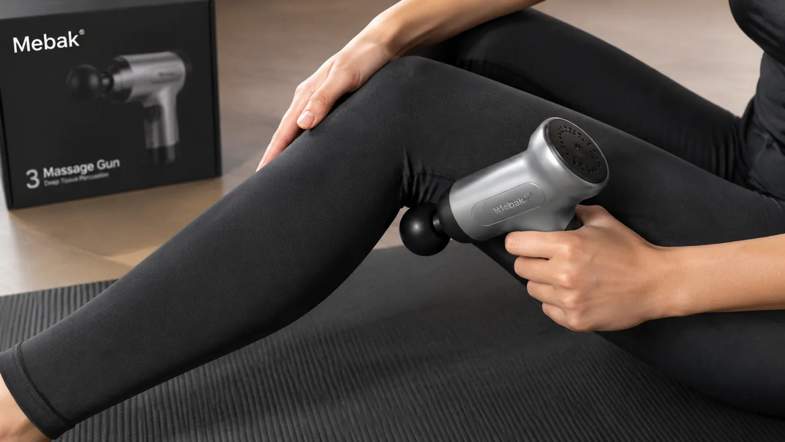 Close-up of the Mebak 3 massage gun being held against a person's IT band on the outer thigh