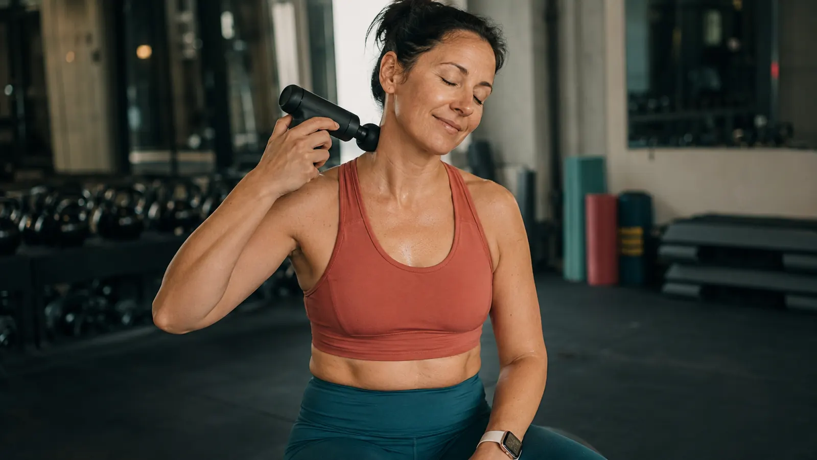 Woman using a percussion massage gun on her upper back after a workout, seated on a gym bench