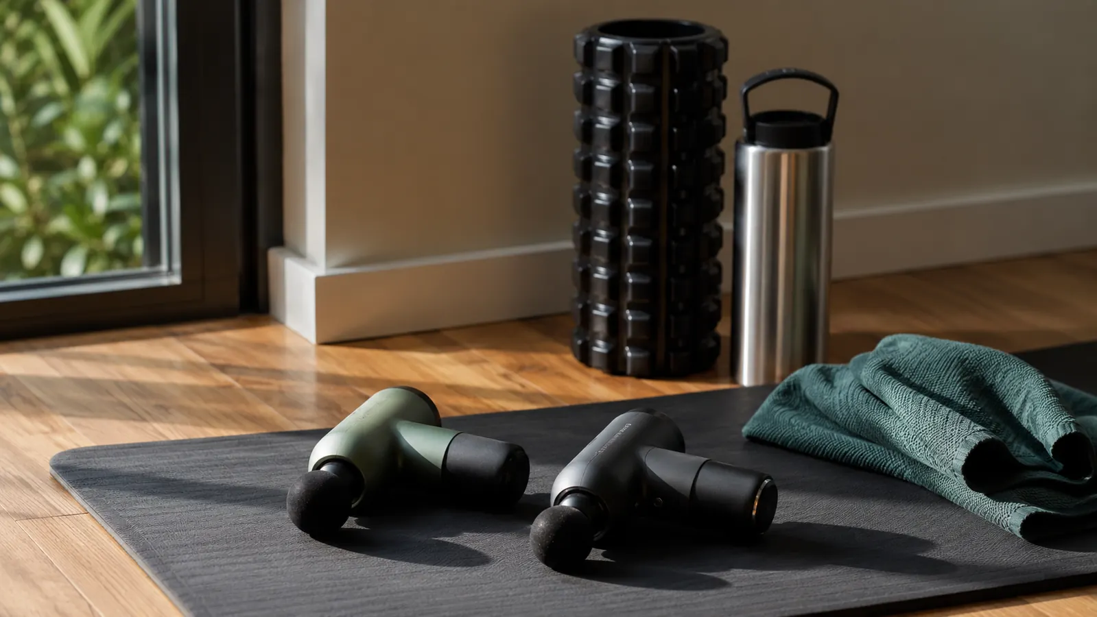 Two massage guns side by side on a yoga mat next to a foam roller and water bottle in a home gym setting