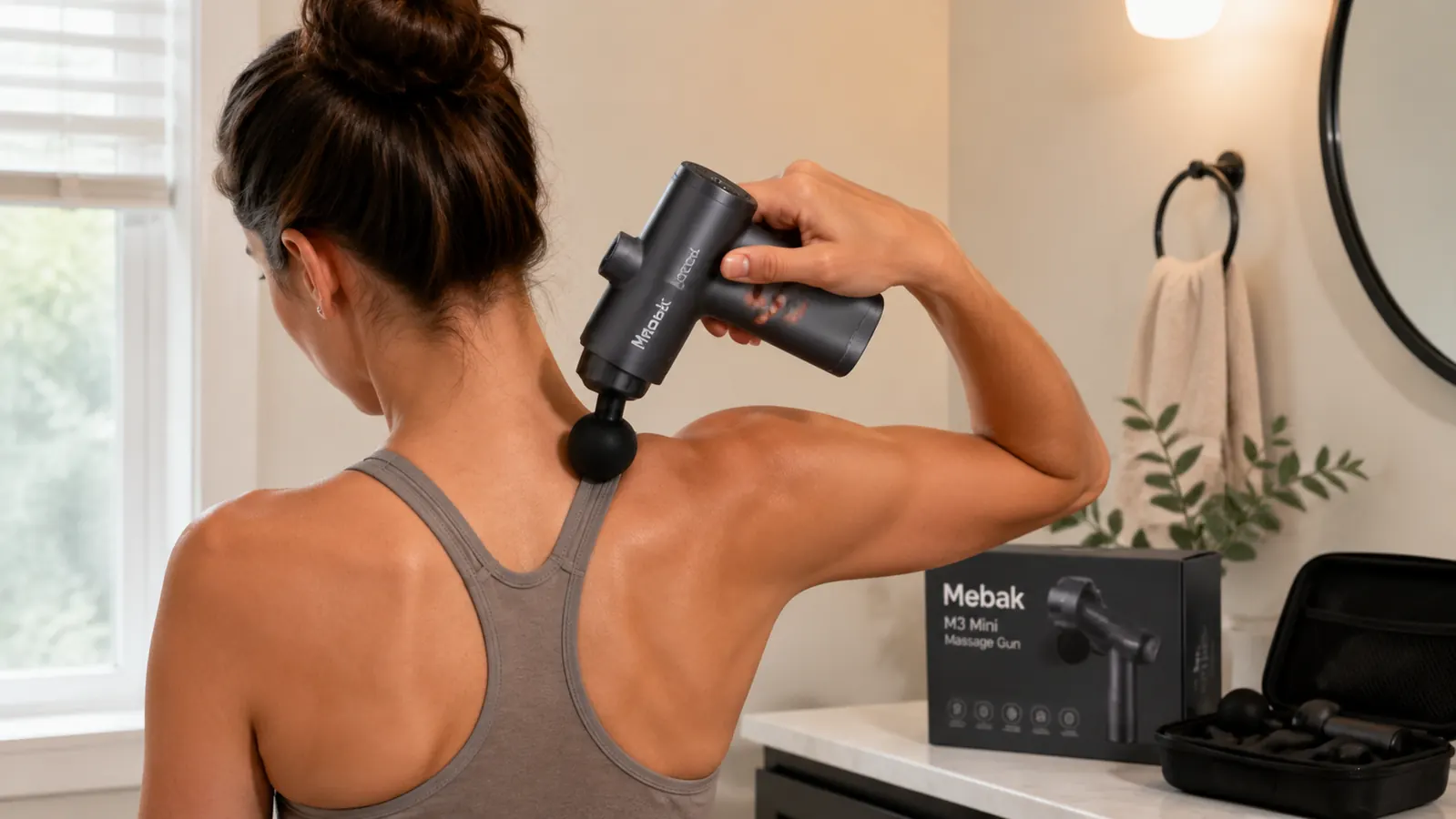 Close-up of a Mebak 3 percussion massage gun being applied to a person's upper back and trapezius area