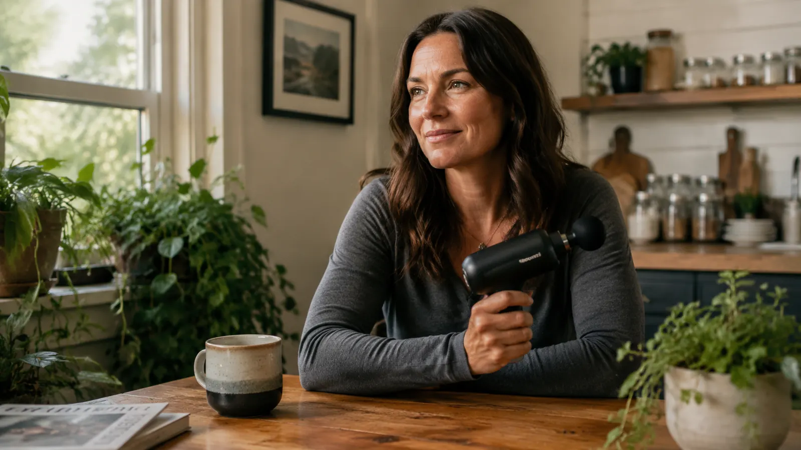 Woman sitting at a kitchen table holding a percussion massage gun, looking relaxed and thoughtful, warm morning light through a window