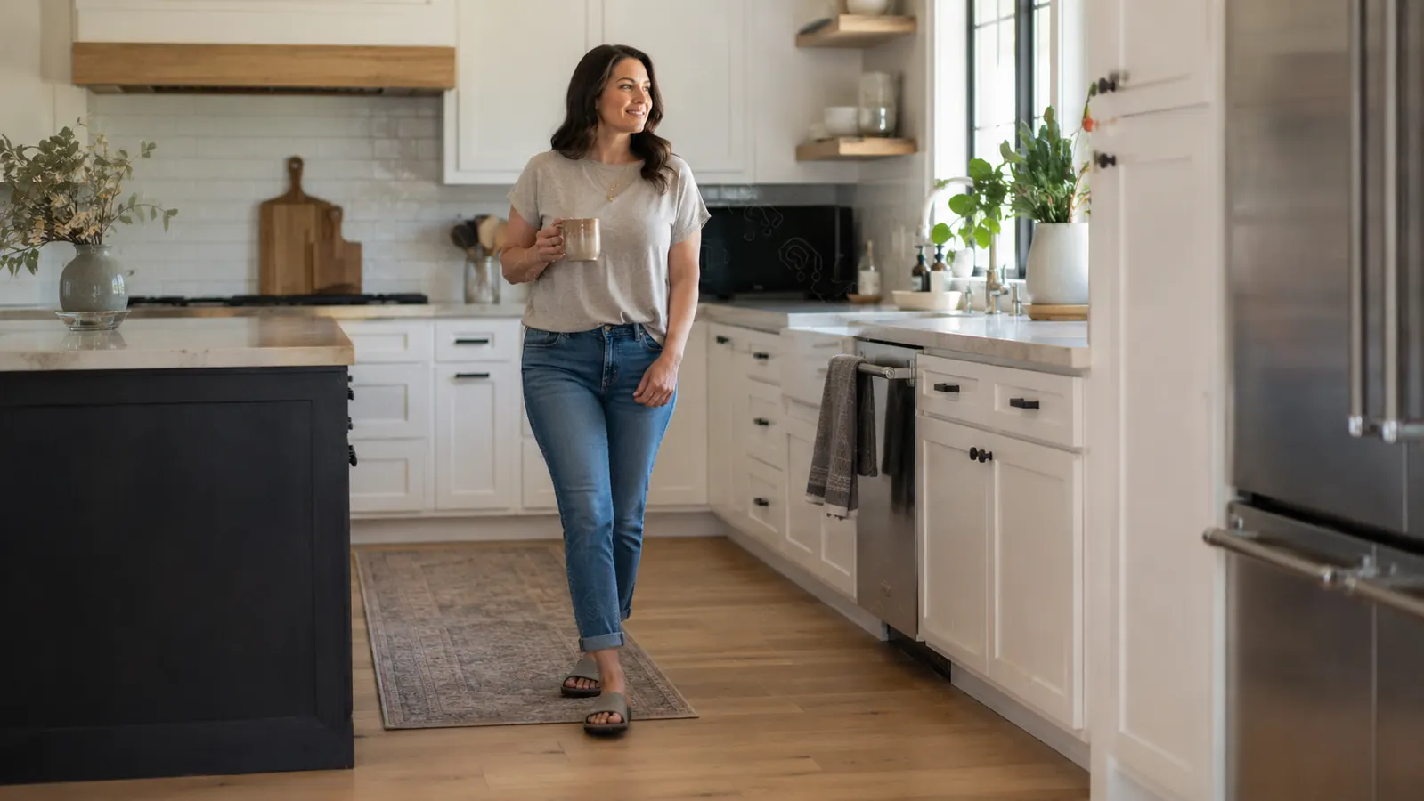 A woman walking across a kitchen floor in recovery slides the morning after a long run, holding a coffee mug