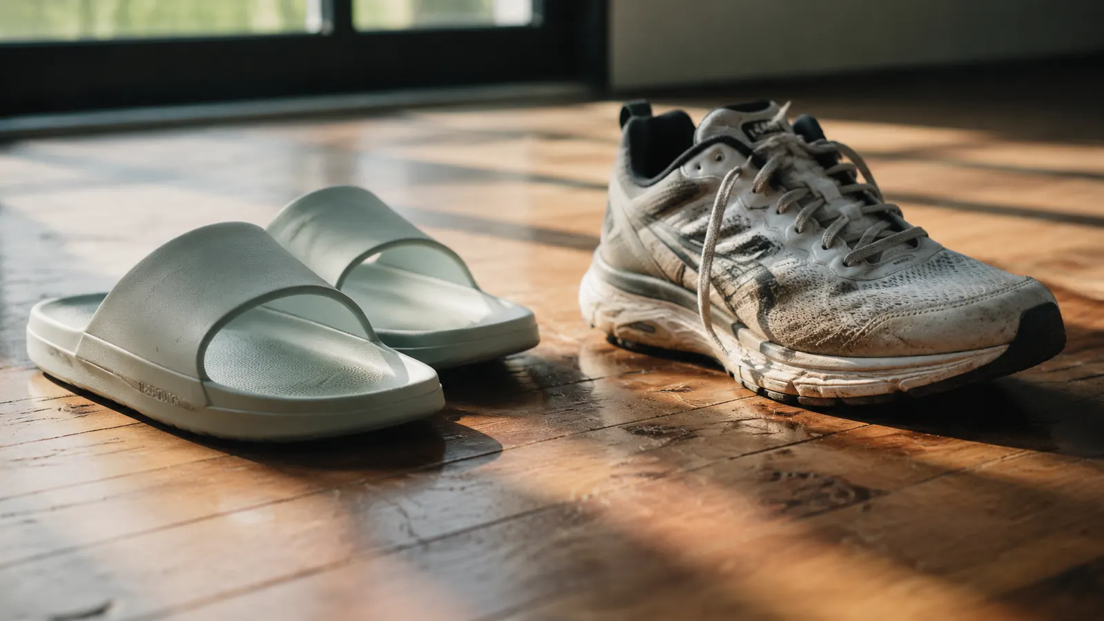 A pair of black OOFOS OOahh recovery slides resting on a gym bag beside a running shoe on a wooden floor