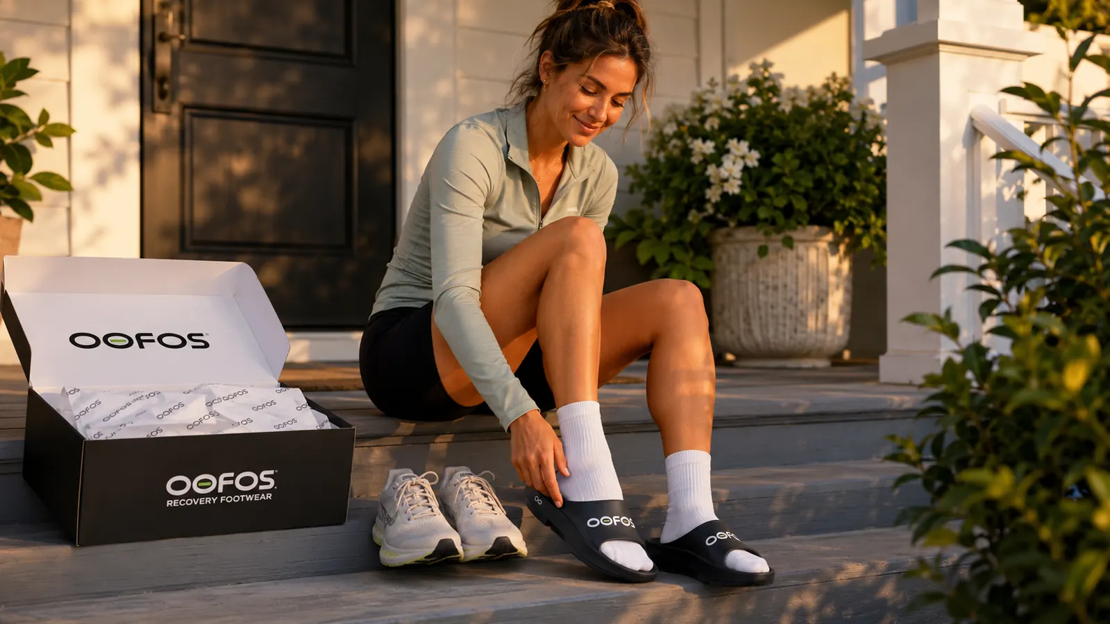 A woman slipping into OOFOS recovery slides immediately after removing her running shoes on a front porch