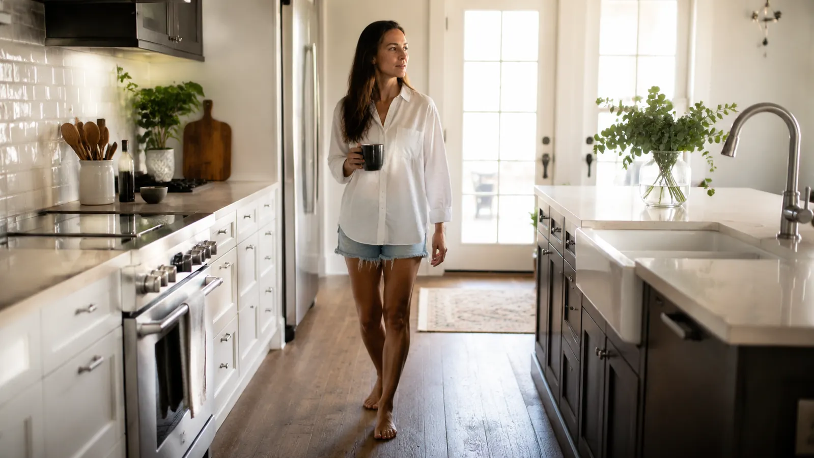 A woman walking barefoot and relaxed through a kitchen in the morning, coffee in hand, looking comfortable