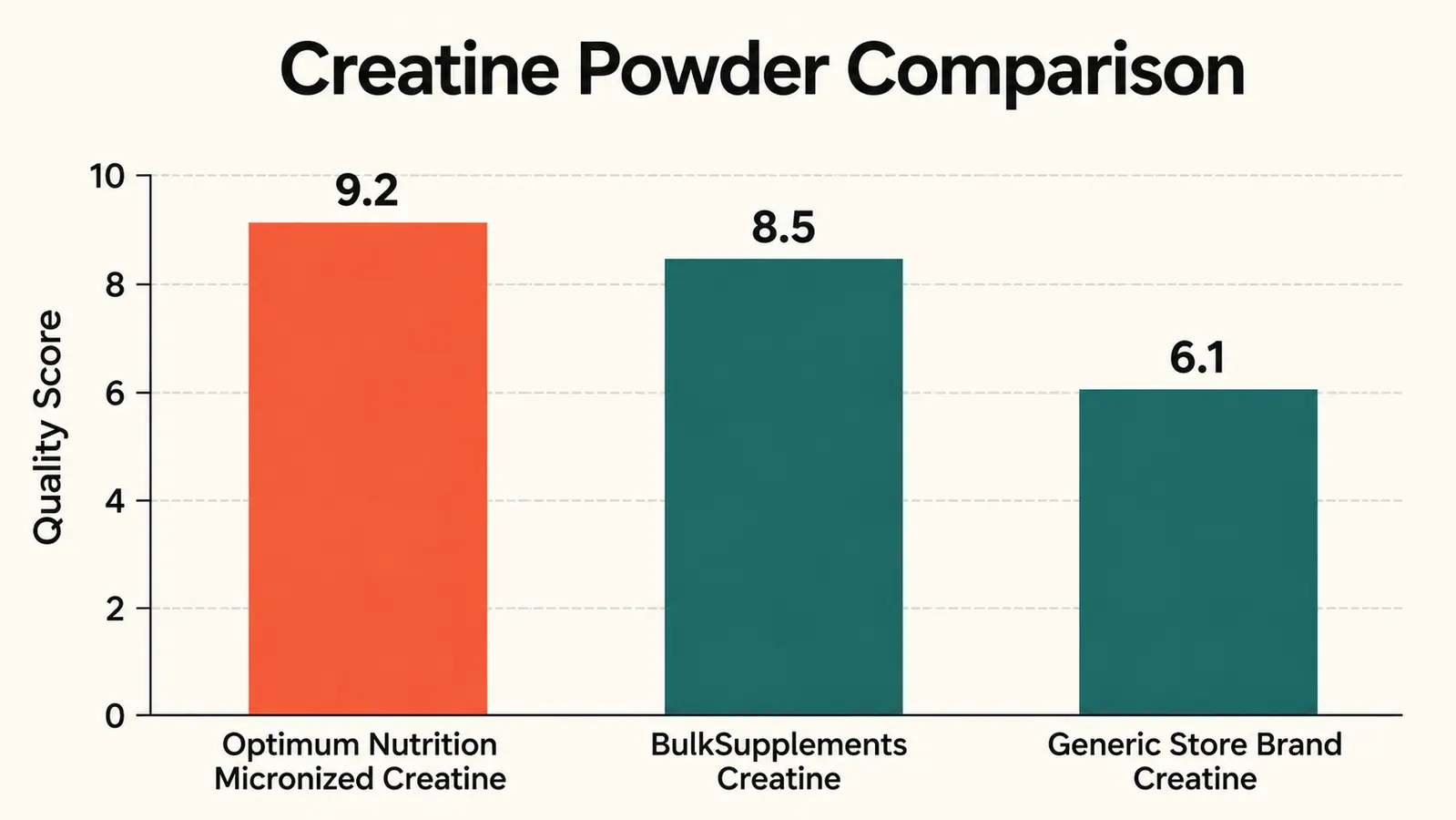 Side-by-side comparison chart of three creatine brands showing price per serving, third-party testing status, and particle size rating, with Optimum Nutrition column highlighted in teal