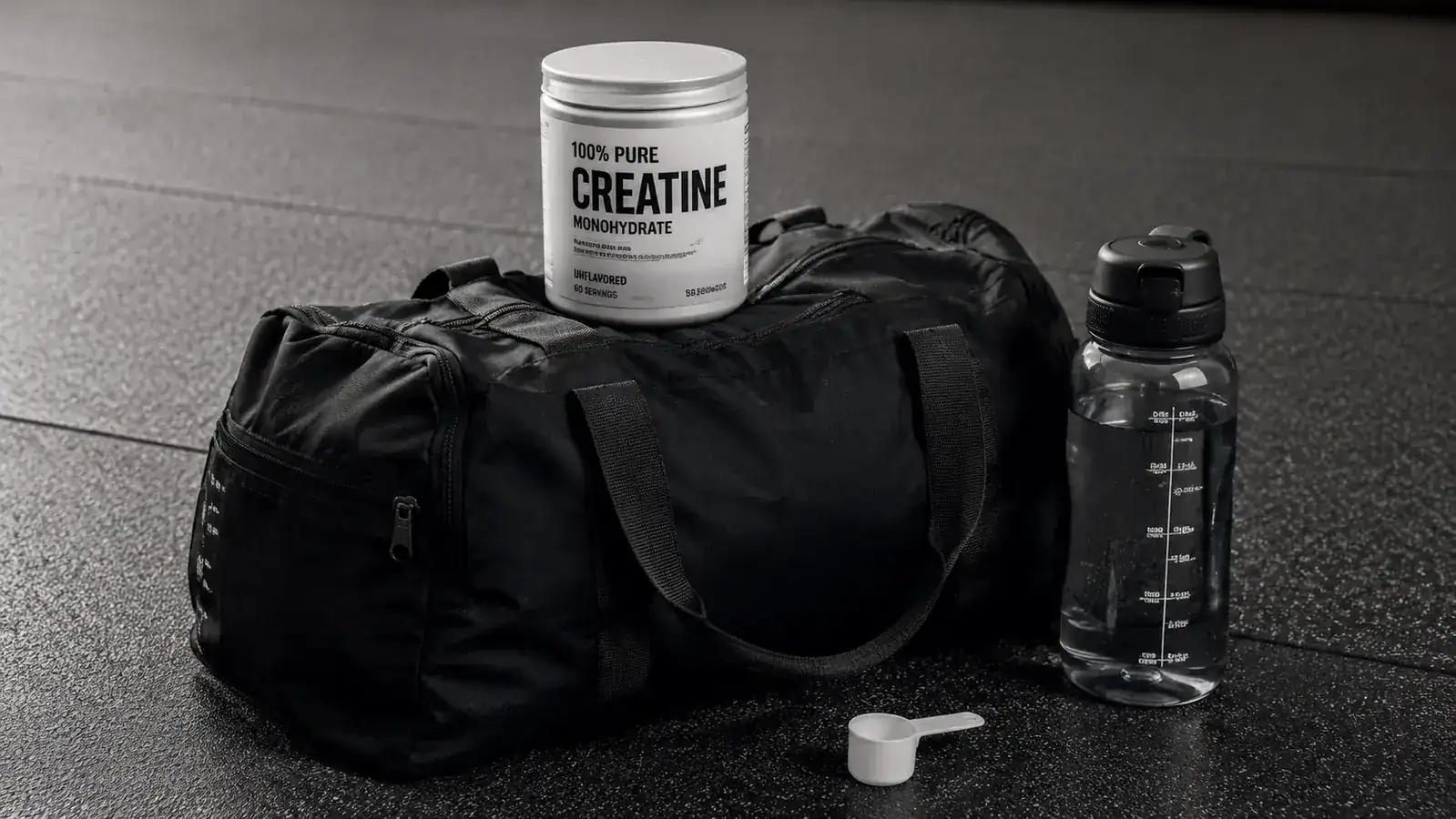 White tub of Optimum Nutrition Micronized Creatine on a gym bag next to a filled water bottle and a small measuring scoop, neutral gym background with soft overhead light