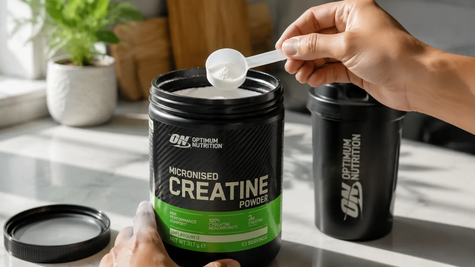 Hand scooping a small amount of white creatine powder from a tub into a shaker bottle filled with water