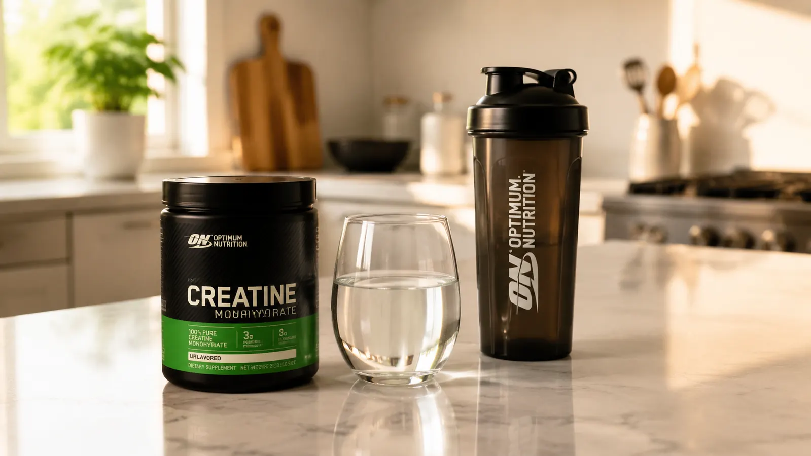 Small white tub of Optimum Nutrition Micronized Creatine on a kitchen counter next to a glass of water and a post-workout shaker bottle, morning light through a window