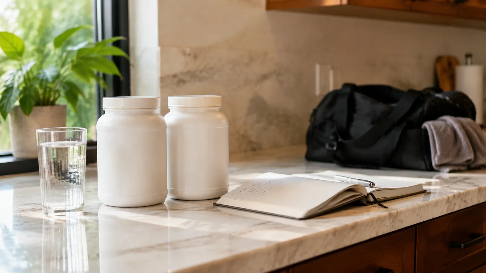 Two tubs of unflavored creatine powder on a clean kitchen counter next to a glass of water and a workout journal