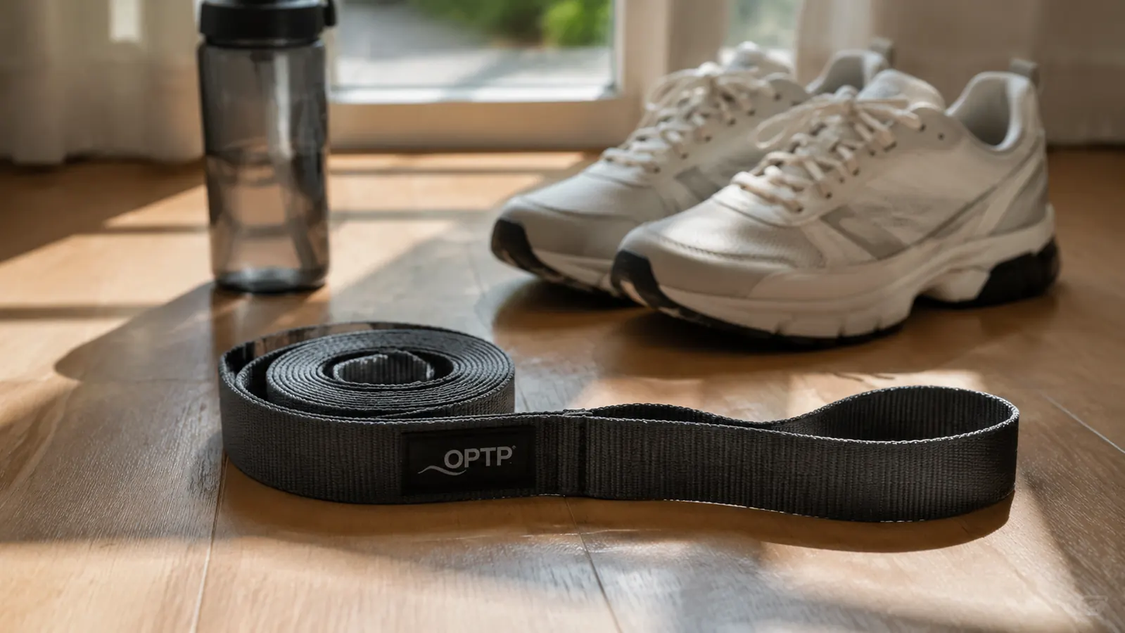 OPTP Stretch Out Strap laid flat on a yoga mat next to athletic shoes, natural light from a window