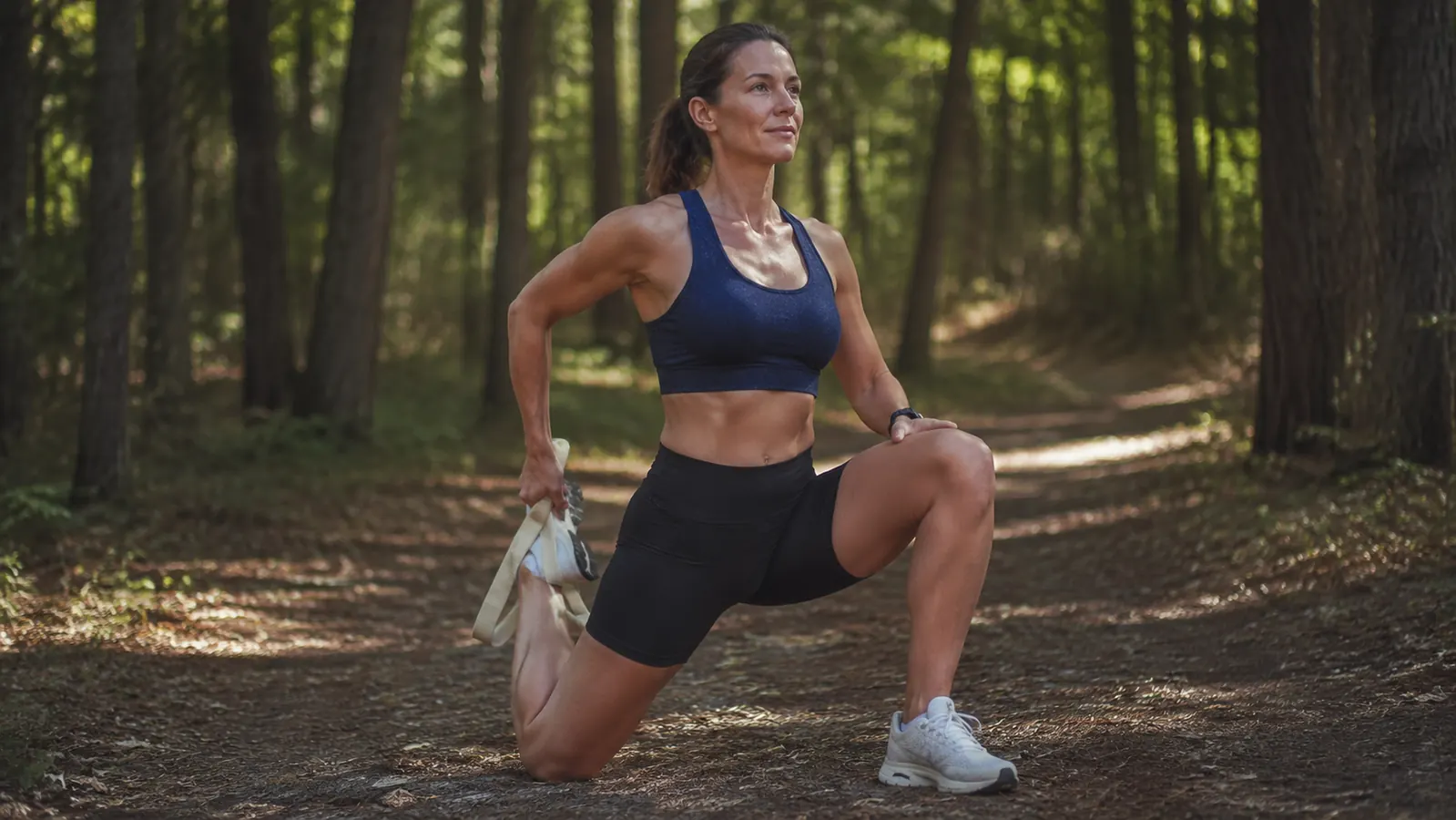 Woman doing a standing hip flexor stretch outdoors on a trail after a run, stretch strap in hand