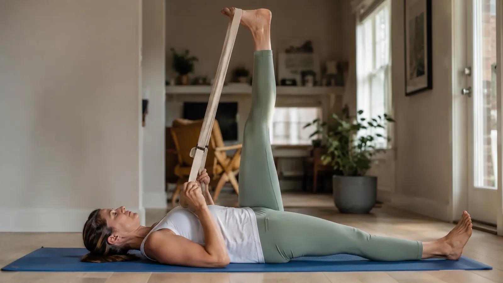Woman lying on a yoga mat doing a supine hamstring stretch with a fabric stretch strap looped around her foot, morning light coming through a window