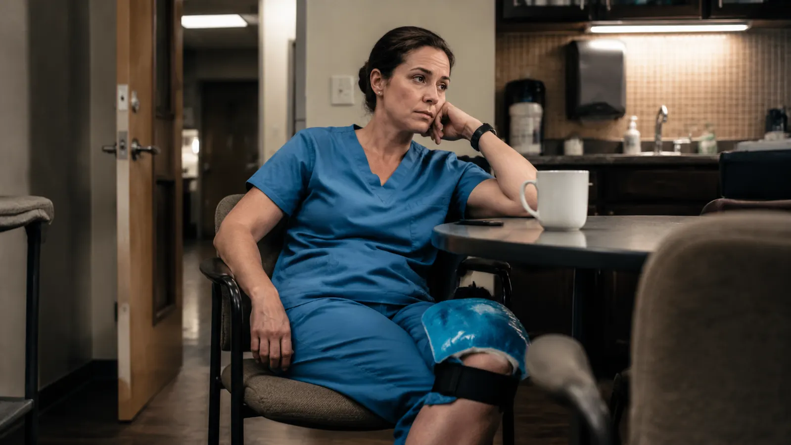 Nurse sitting in a break room with a blue gel ice wrap on her knee, scrubs visible, coffee cup on the table