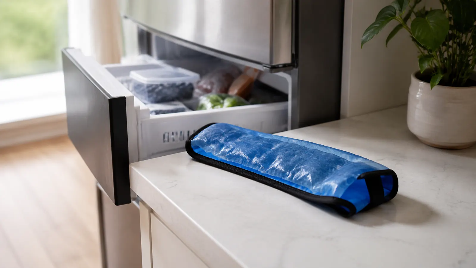 REVIX blue gel ice wrap sitting on a kitchen counter next to a stainless steel freezer shelf, natural daylight coming through a window