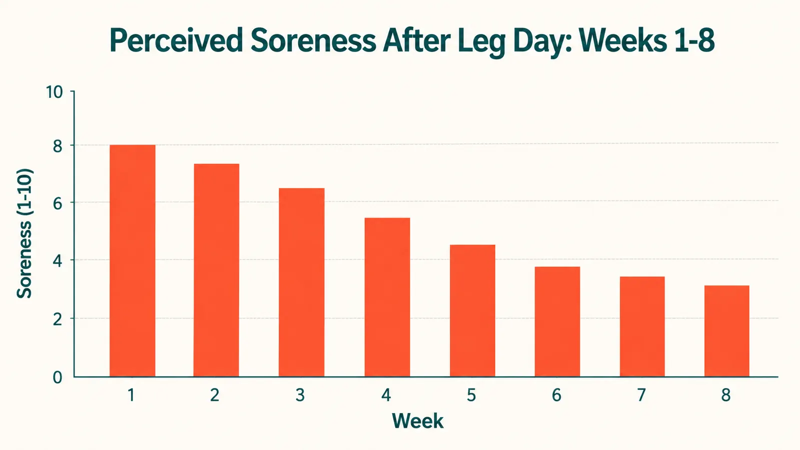 Chart showing perceived soreness level on a scale of 1 to 10 across eight weeks of post-leg-day cold therapy, declining trend line