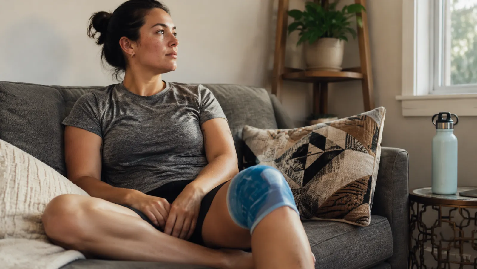 A reusable gel ice wrap secured around a knee on a couch, water bottle nearby, soft afternoon light